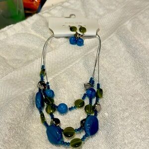 Turquoise and green beads three strands 18" with one set of earrings